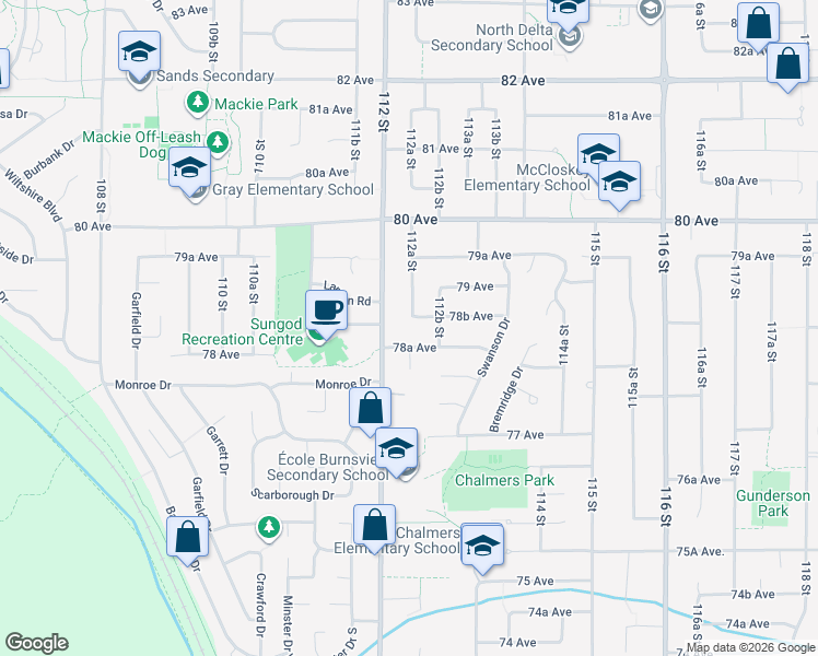 map of restaurants, bars, coffee shops, grocery stores, and more near 7855 112A Street in Delta