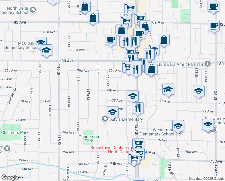 map of restaurants, bars, coffee shops, grocery stores, and more near 11872 78B Avenue in Delta