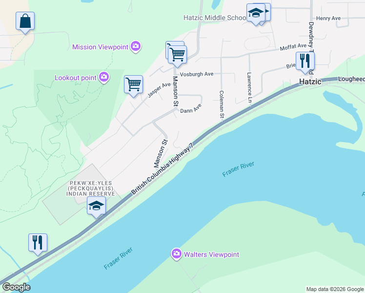 map of restaurants, bars, coffee shops, grocery stores, and more near 34519 Lougheed Highway in Mission