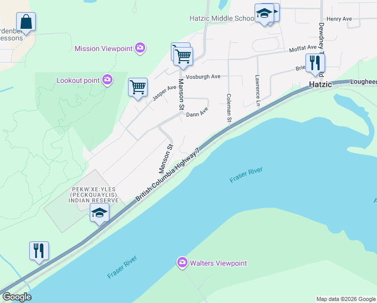map of restaurants, bars, coffee shops, grocery stores, and more near 34519 Lougheed Highway in Mission