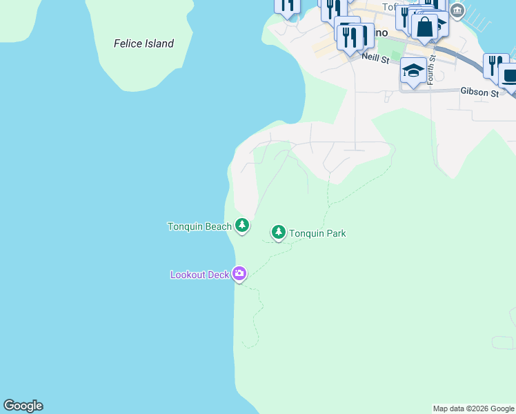 map of restaurants, bars, coffee shops, grocery stores, and more near 340 Tonquin Park Road in Tofino