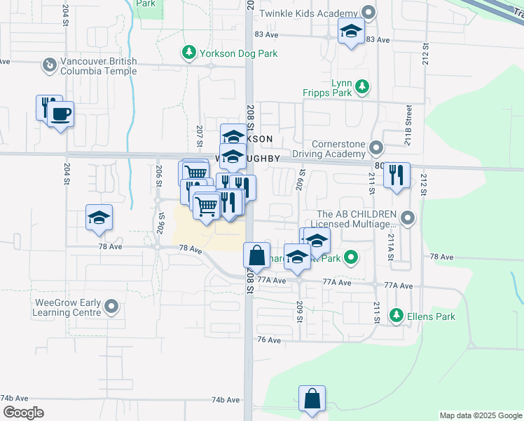 map of restaurants, bars, coffee shops, grocery stores, and more near in Langley Township