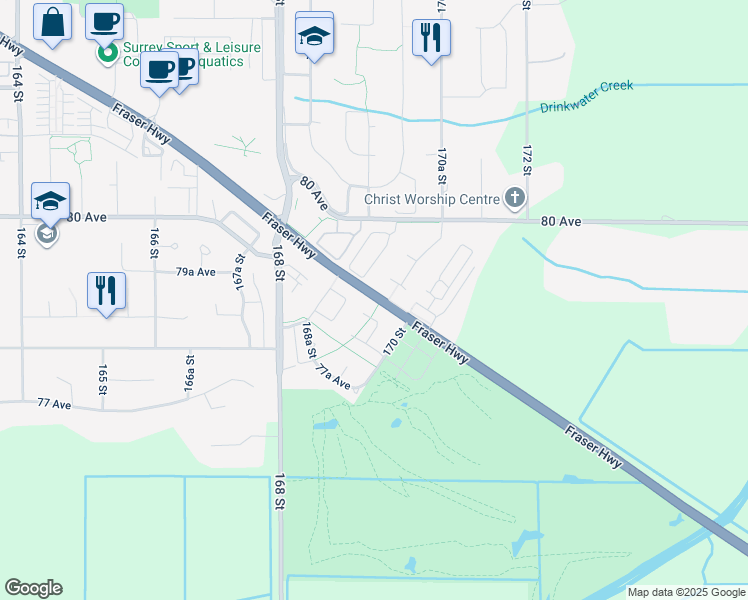 map of restaurants, bars, coffee shops, grocery stores, and more near in Surrey