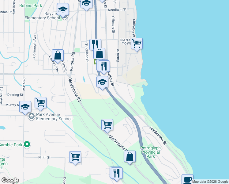 map of restaurants, bars, coffee shops, grocery stores, and more near 901 Haliburton Street in Nanaimo