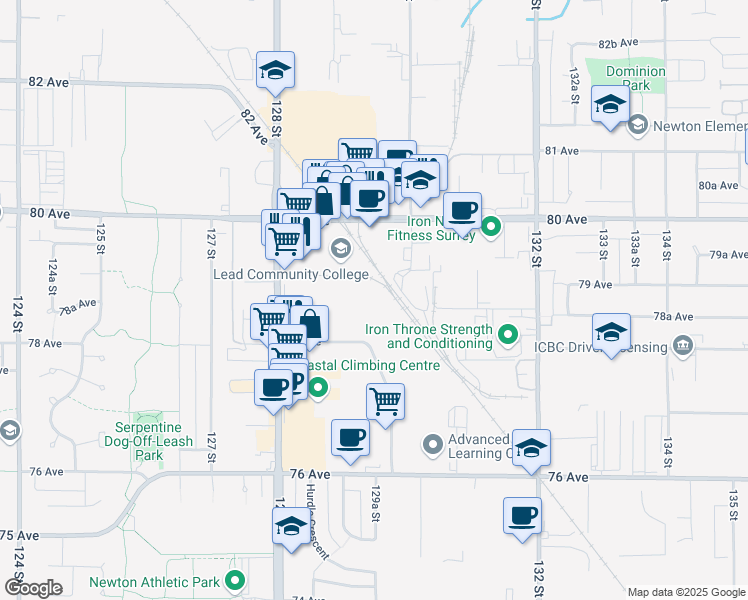 map of restaurants, bars, coffee shops, grocery stores, and more near 12945 78 Avenue in Surrey