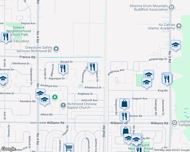 map of restaurants, bars, coffee shops, grocery stores, and more near 9291 Auburn Drive in Richmond