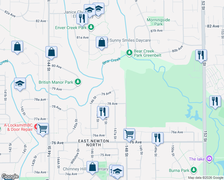 map of restaurants, bars, coffee shops, grocery stores, and more near 7909 147A Street in Surrey