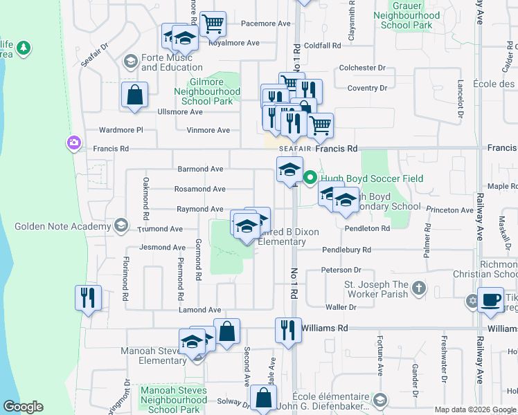 map of restaurants, bars, coffee shops, grocery stores, and more near 9191 Desmond Road in Richmond
