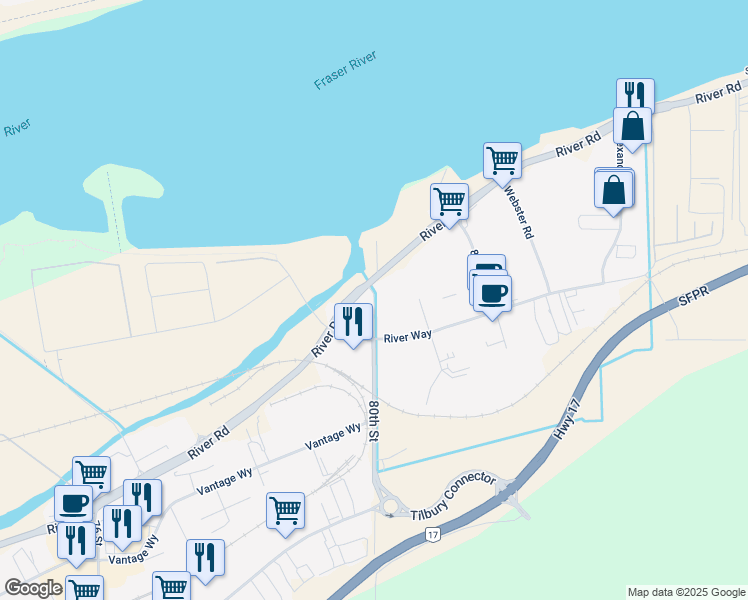map of restaurants, bars, coffee shops, grocery stores, and more near 12210 80 Street in Delta