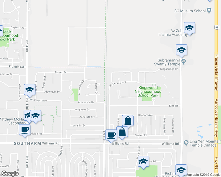 map of restaurants, bars, coffee shops, grocery stores, and more near 11262 Kingcome Avenue in Richmond