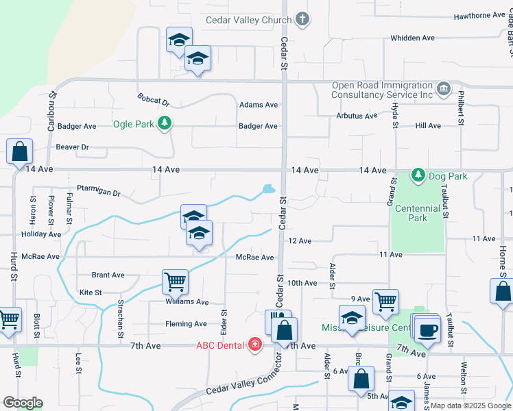 map of restaurants, bars, coffee shops, grocery stores, and more near 32749 Charnley Drive in Mission