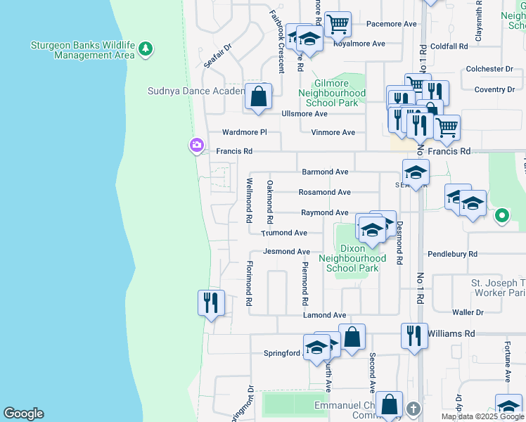 map of restaurants, bars, coffee shops, grocery stores, and more near 9191 Oakmond Road in Richmond