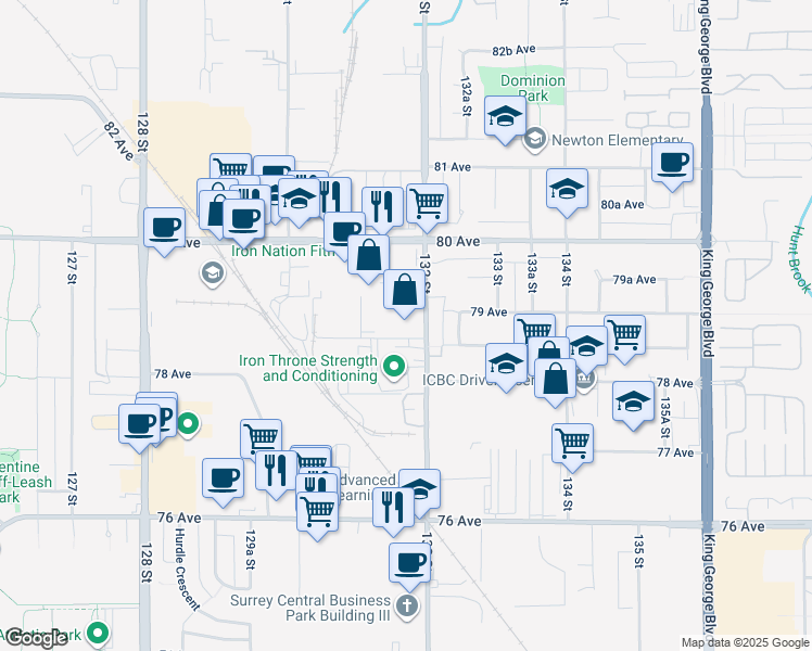 map of restaurants, bars, coffee shops, grocery stores, and more near 7889 132 Street in Surrey