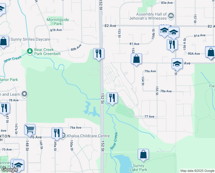 map of restaurants, bars, coffee shops, grocery stores, and more near 7868 152 Street in Surrey