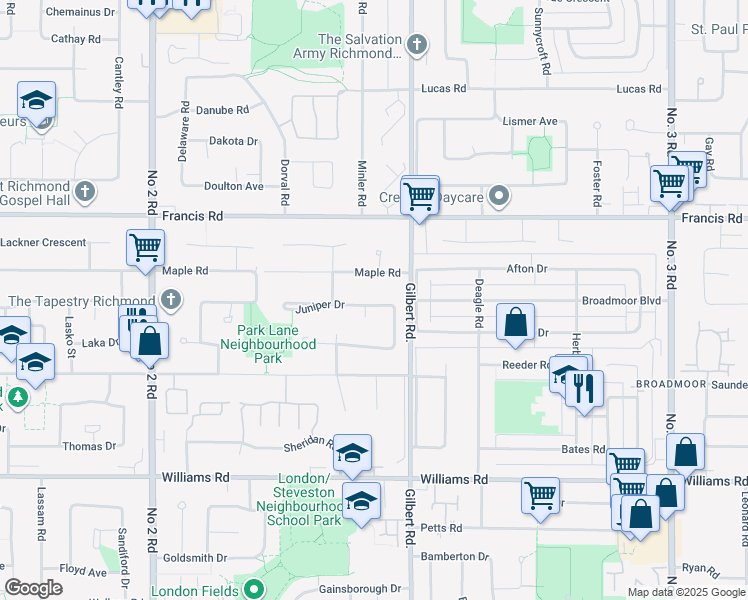 map of restaurants, bars, coffee shops, grocery stores, and more near 6751 Juniper Drive in Richmond