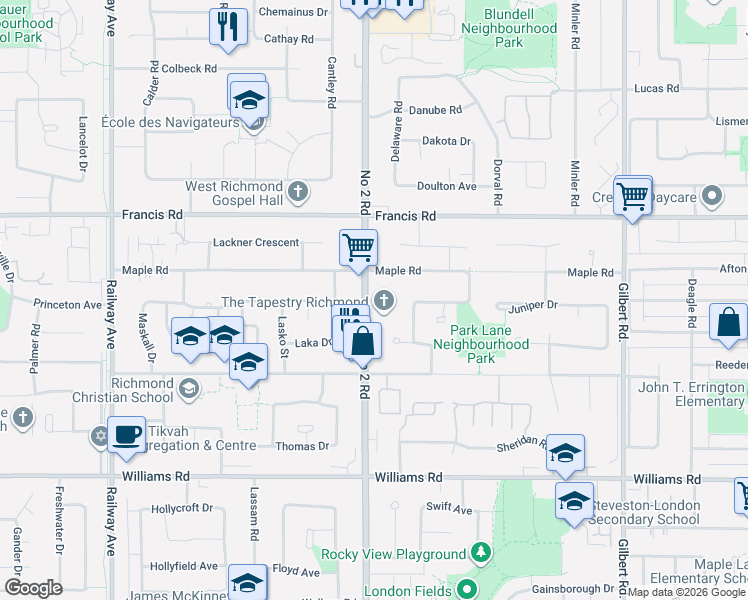 map of restaurants, bars, coffee shops, grocery stores, and more near in Richmond