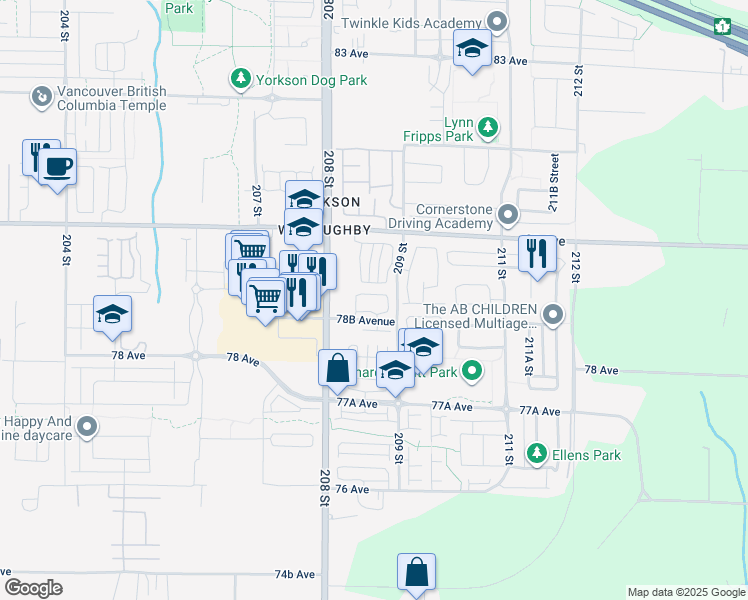 map of restaurants, bars, coffee shops, grocery stores, and more near 20849 78B Avenue in Langley Township