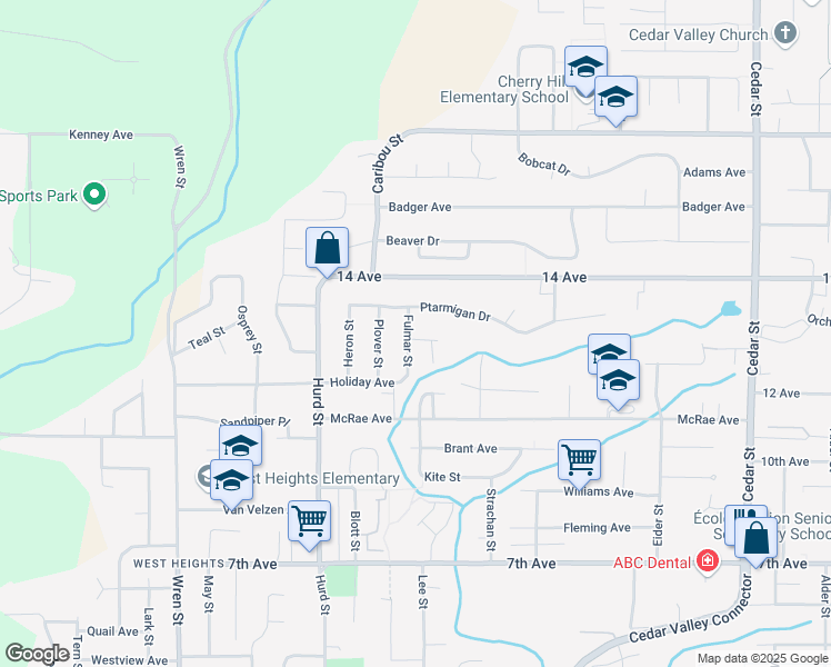 map of restaurants, bars, coffee shops, grocery stores, and more near 7918 Fulmar Street in Mission