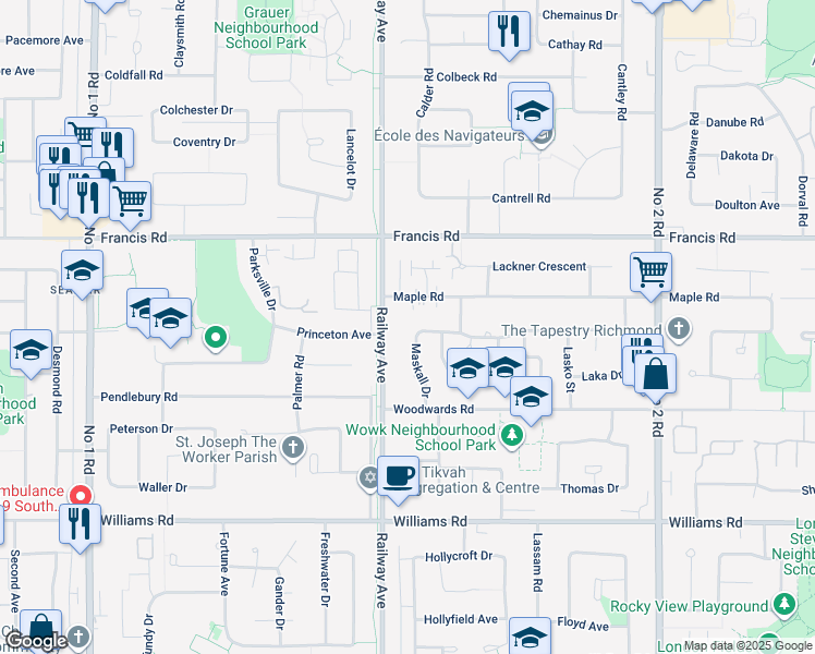 map of restaurants, bars, coffee shops, grocery stores, and more near 9111 Maskall Drive in Richmond