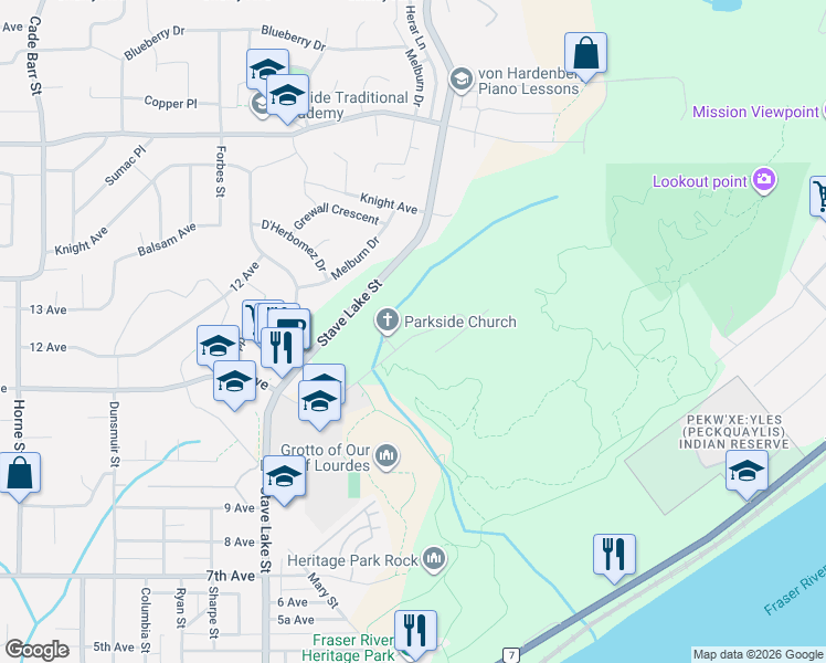 map of restaurants, bars, coffee shops, grocery stores, and more near 33861 Prentis Avenue in Mission
