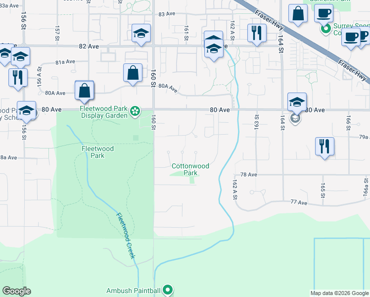 map of restaurants, bars, coffee shops, grocery stores, and more near 7848 161 Street in Surrey