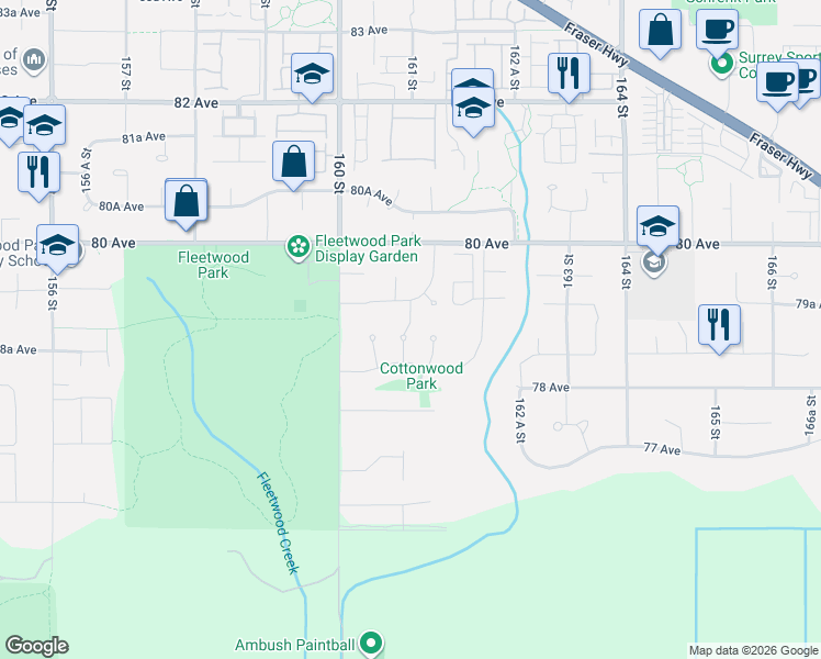 map of restaurants, bars, coffee shops, grocery stores, and more near in Surrey