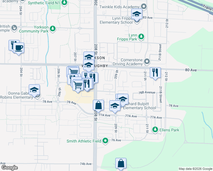 map of restaurants, bars, coffee shops, grocery stores, and more near 20849 78B Avenue in Langley Township
