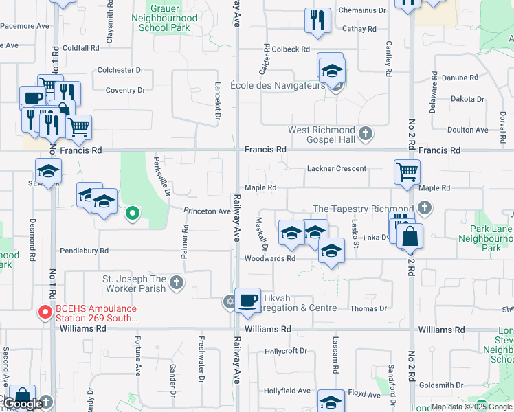 map of restaurants, bars, coffee shops, grocery stores, and more near 5071 Jaskow Drive in Richmond