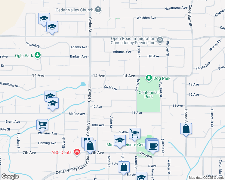 map of restaurants, bars, coffee shops, grocery stores, and more near 32902 Orchid Drive in Mission
