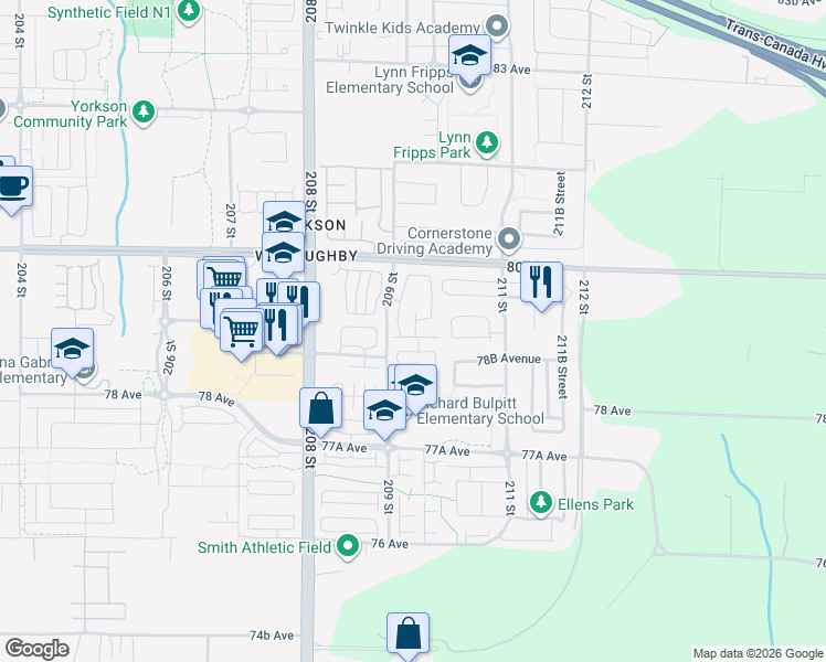map of restaurants, bars, coffee shops, grocery stores, and more near 7938 209 Street in Langley Township