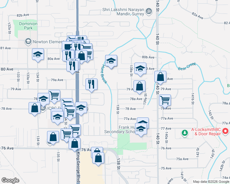 map of restaurants, bars, coffee shops, grocery stores, and more near 7881 138 Street in Surrey