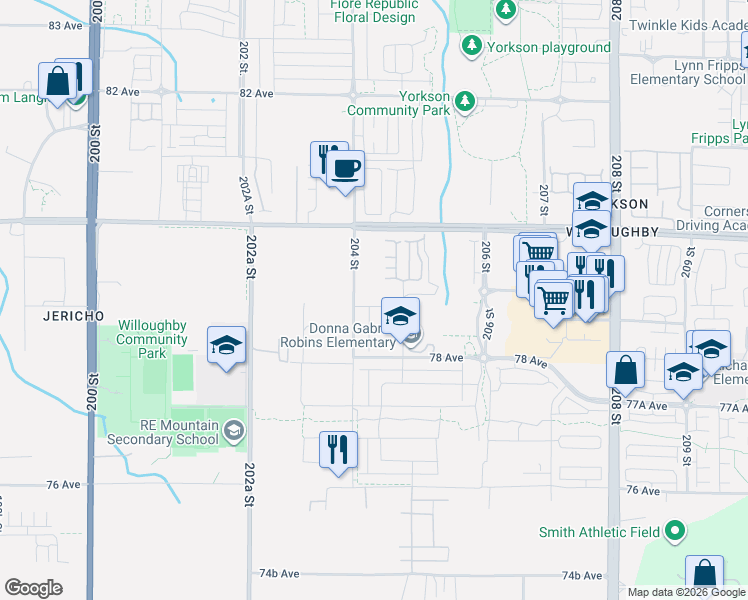 map of restaurants, bars, coffee shops, grocery stores, and more near 20427 78B Avenue in Langley Township
