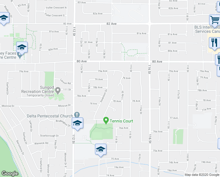 map of restaurants, bars, coffee shops, grocery stores, and more near 7856 Swanson Drive in Delta