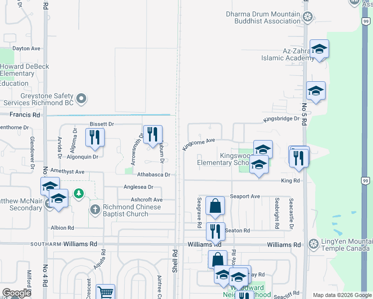 map of restaurants, bars, coffee shops, grocery stores, and more near 11262 Kingcome Avenue in Richmond