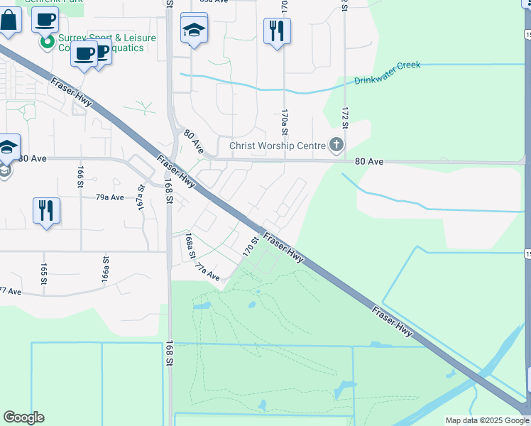map of restaurants, bars, coffee shops, grocery stores, and more near 17068 79A Avenue in Surrey