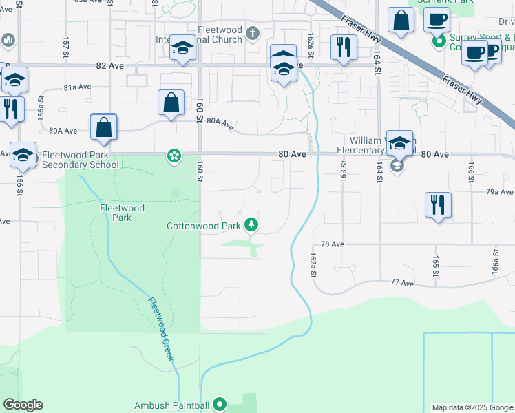map of restaurants, bars, coffee shops, grocery stores, and more near 7847 161A Street in Surrey