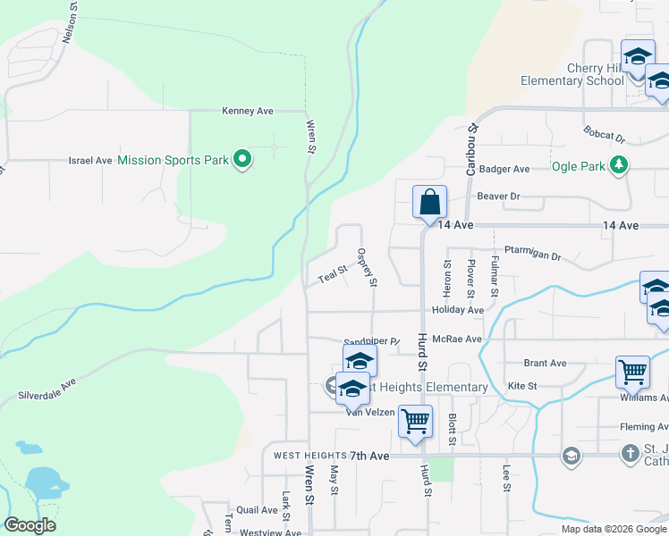 map of restaurants, bars, coffee shops, grocery stores, and more near 7927 Teal Street in Mission