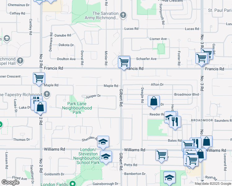 map of restaurants, bars, coffee shops, grocery stores, and more near 6811 Juniper Drive in Richmond