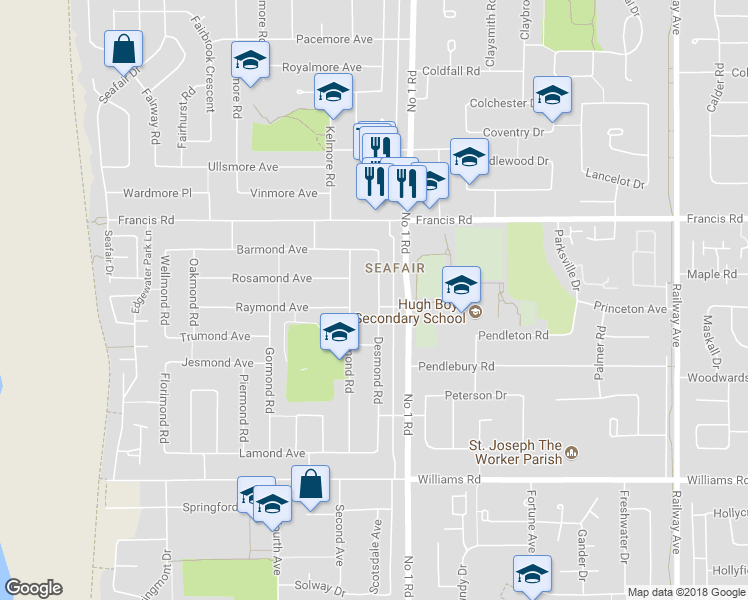 map of restaurants, bars, coffee shops, grocery stores, and more near 9191 Desmond Road in Richmond