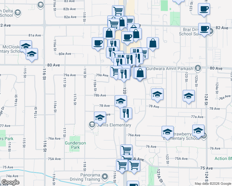 map of restaurants, bars, coffee shops, grocery stores, and more near 7863 119A Street in Delta