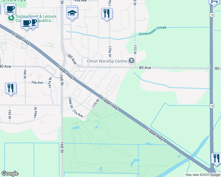 map of restaurants, bars, coffee shops, grocery stores, and more near 17033 Fraser Highway in Surrey