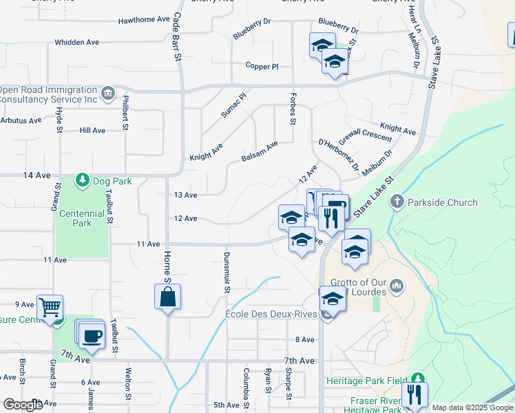 map of restaurants, bars, coffee shops, grocery stores, and more near 33527 12 Avenue in Mission