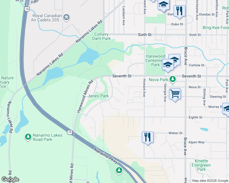 map of restaurants, bars, coffee shops, grocery stores, and more near 832 Brookfield Drive in Nanaimo