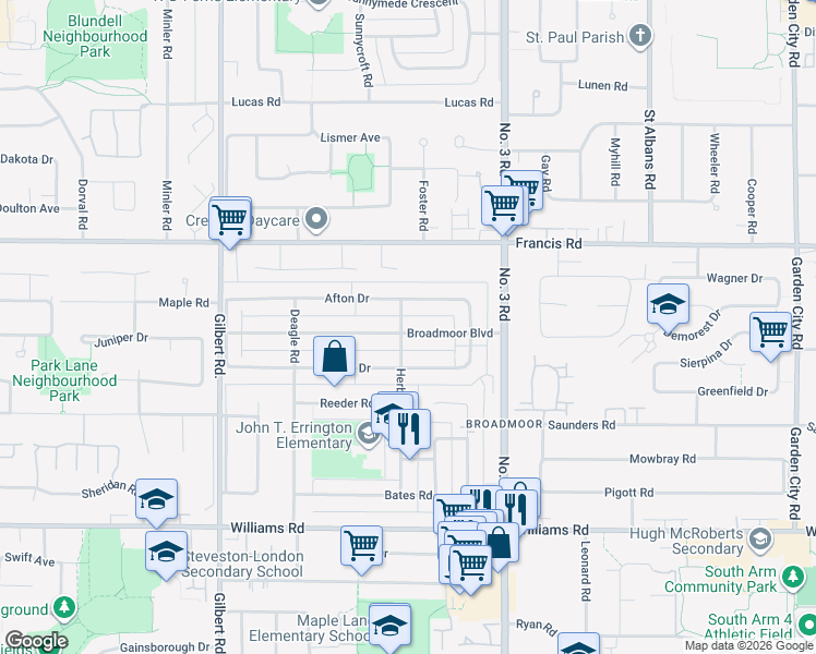 map of restaurants, bars, coffee shops, grocery stores, and more near 7773 Broadmoor Boulevard in Richmond