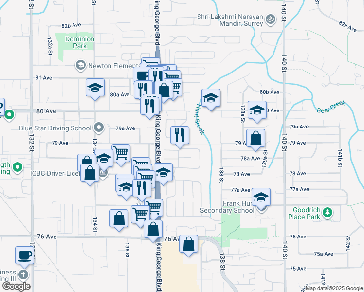 map of restaurants, bars, coffee shops, grocery stores, and more near 13668 79 Avenue in Surrey