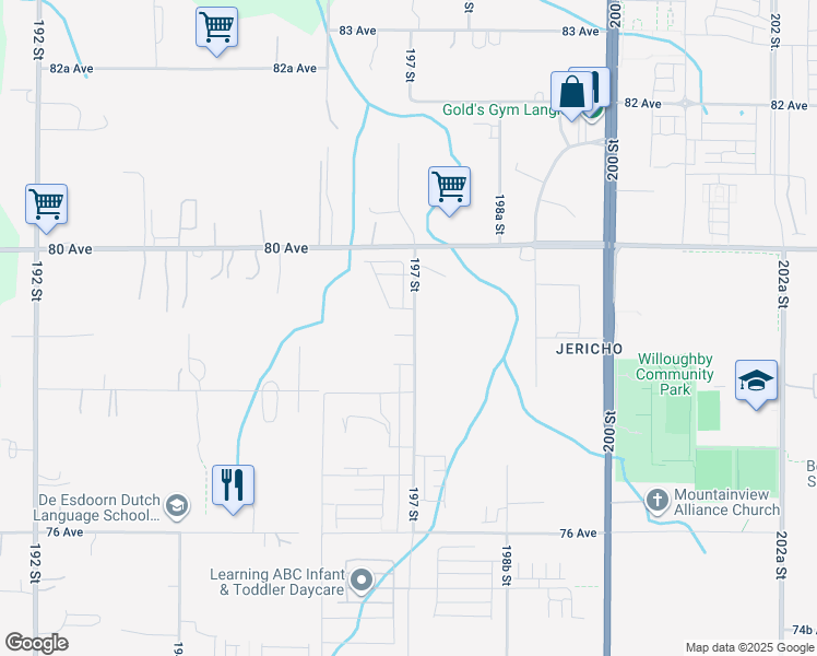 map of restaurants, bars, coffee shops, grocery stores, and more near 19689 78B Avenue in Langley Township