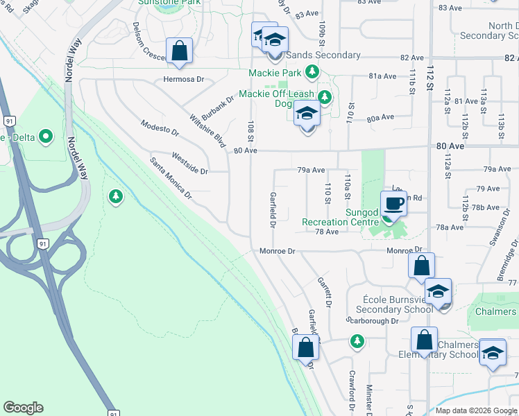 map of restaurants, bars, coffee shops, grocery stores, and more near 7878 108 Street in Delta