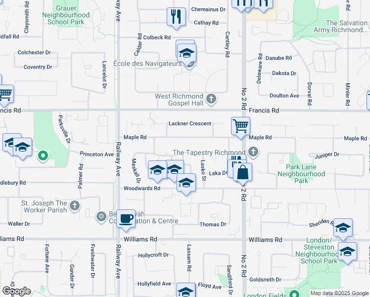 map of restaurants, bars, coffee shops, grocery stores, and more near 5377 Jaskow Drive in Richmond
