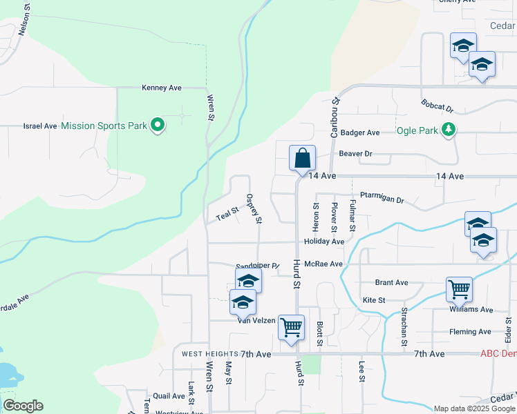 map of restaurants, bars, coffee shops, grocery stores, and more near 7930 Osprey Street in Mission