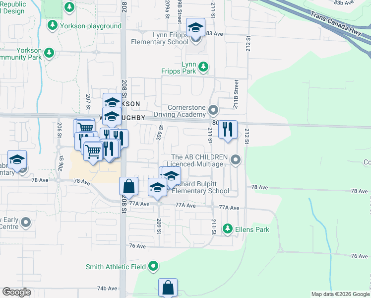 map of restaurants, bars, coffee shops, grocery stores, and more near 7891 211 Street in Langley Township